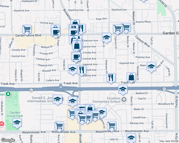 map of restaurants, bars, coffee shops, grocery stores, and more near 10055 Dakota Avenue in Garden Grove