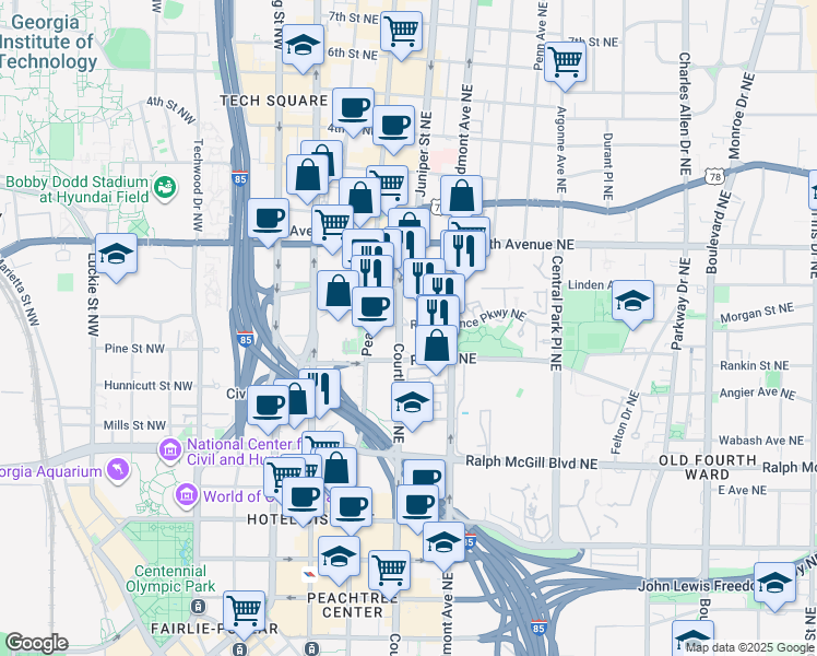 map of restaurants, bars, coffee shops, grocery stores, and more near 489 Courtland Street Northeast in Atlanta