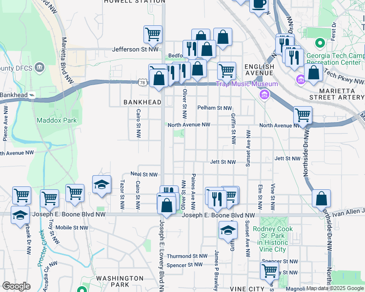 map of restaurants, bars, coffee shops, grocery stores, and more near 506 Oliver Street Northwest in Atlanta