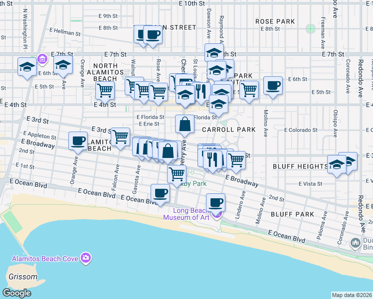 map of restaurants, bars, coffee shops, grocery stores, and more near 2027 East Appleton Street in Long Beach