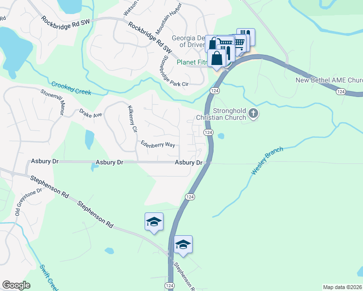 map of restaurants, bars, coffee shops, grocery stores, and more near 868 Asbury Way in Lithonia