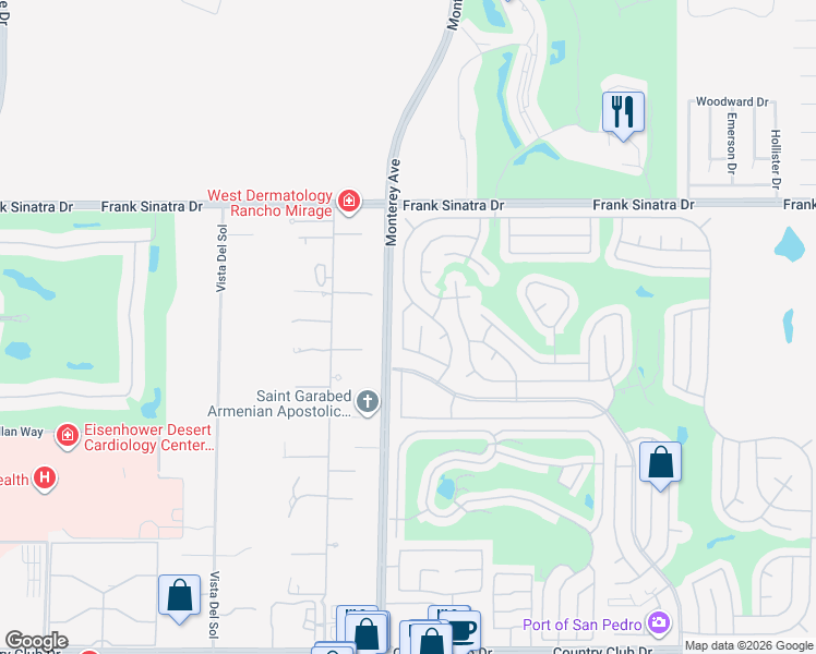 map of restaurants, bars, coffee shops, grocery stores, and more near 38520 Commons Valley Drive in Palm Desert