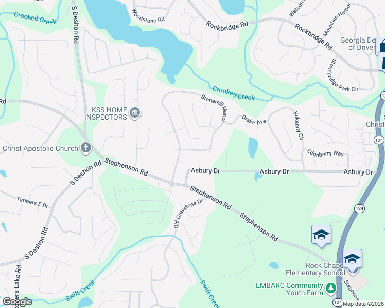 map of restaurants, bars, coffee shops, grocery stores, and more near 7262 Asbury Drive in Lithonia