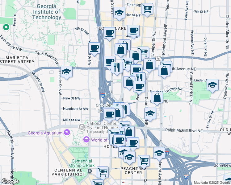 map of restaurants, bars, coffee shops, grocery stores, and more near 1 Baltimore Place Northwest in Atlanta