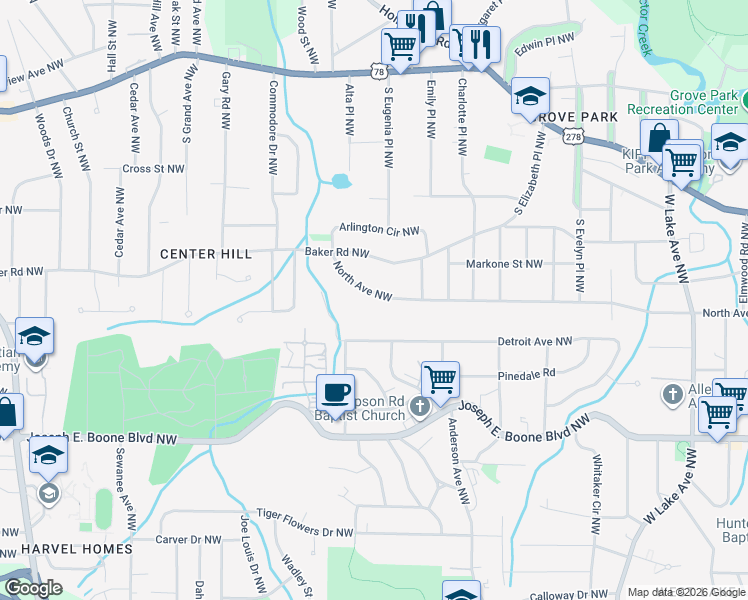 map of restaurants, bars, coffee shops, grocery stores, and more near 2032 North Avenue Northwest in Atlanta