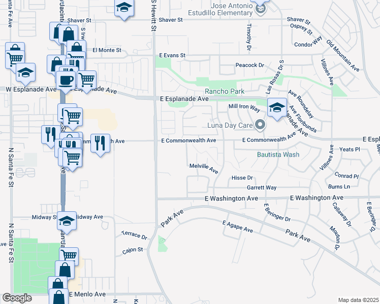map of restaurants, bars, coffee shops, grocery stores, and more near 1843 Hawthorne Street in San Jacinto