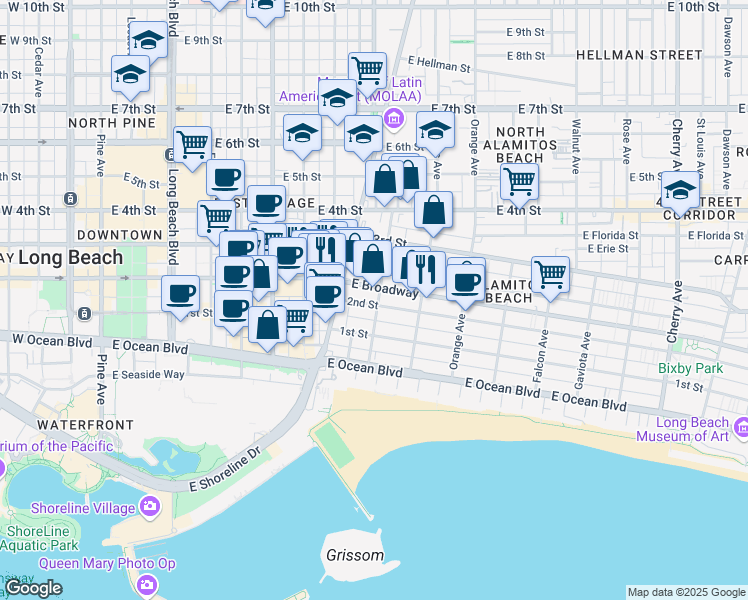 map of restaurants, bars, coffee shops, grocery stores, and more near 973 East 2nd Street in Long Beach