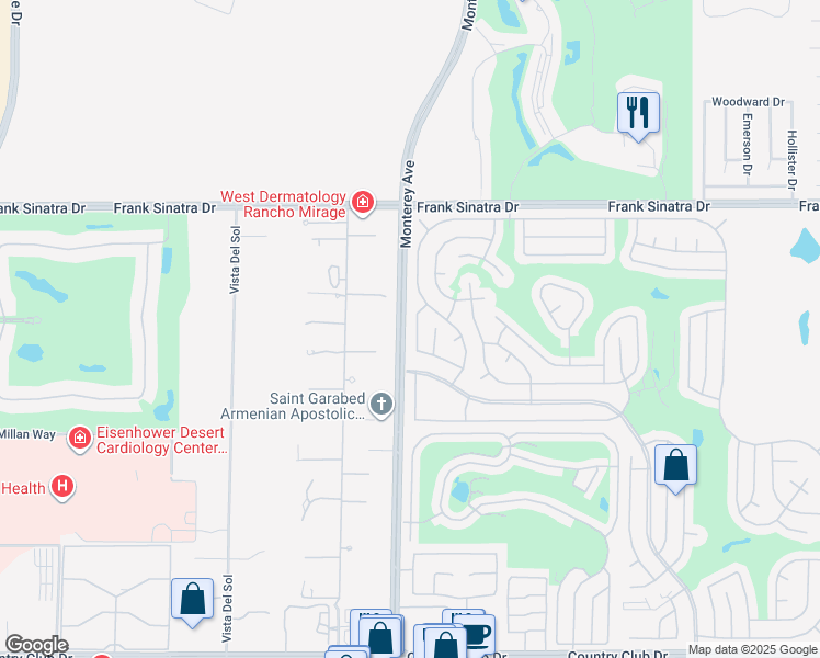 map of restaurants, bars, coffee shops, grocery stores, and more near 38521 Commons Valley Drive in Palm Desert