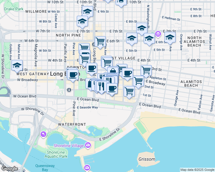 map of restaurants, bars, coffee shops, grocery stores, and more near 122 Elm Avenue in Long Beach