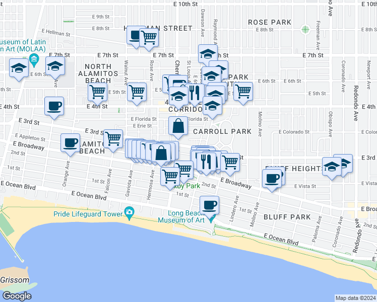 map of restaurants, bars, coffee shops, grocery stores, and more near 2036 East 3rd Street in Long Beach