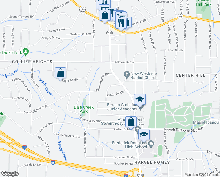 map of restaurants, bars, coffee shops, grocery stores, and more near 2600 Baker Road Northwest in Atlanta