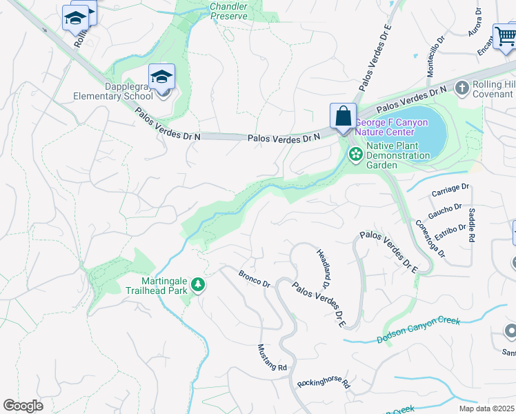map of restaurants, bars, coffee shops, grocery stores, and more near 48 Cayuse Lane in Rancho Palos Verdes