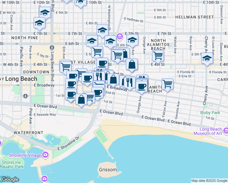 map of restaurants, bars, coffee shops, grocery stores, and more near 967 East 2nd Street in Long Beach