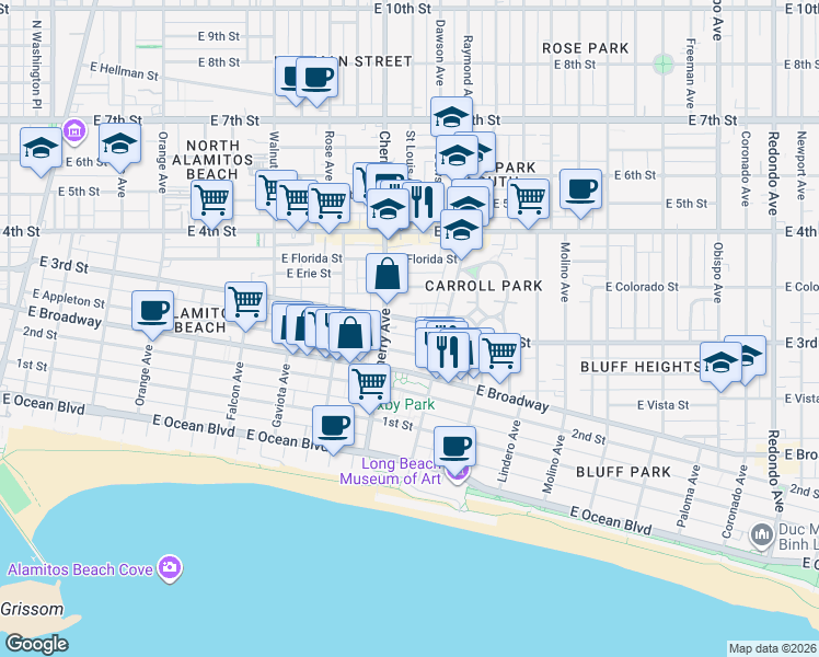 map of restaurants, bars, coffee shops, grocery stores, and more near 2036 East 3rd Street in Long Beach