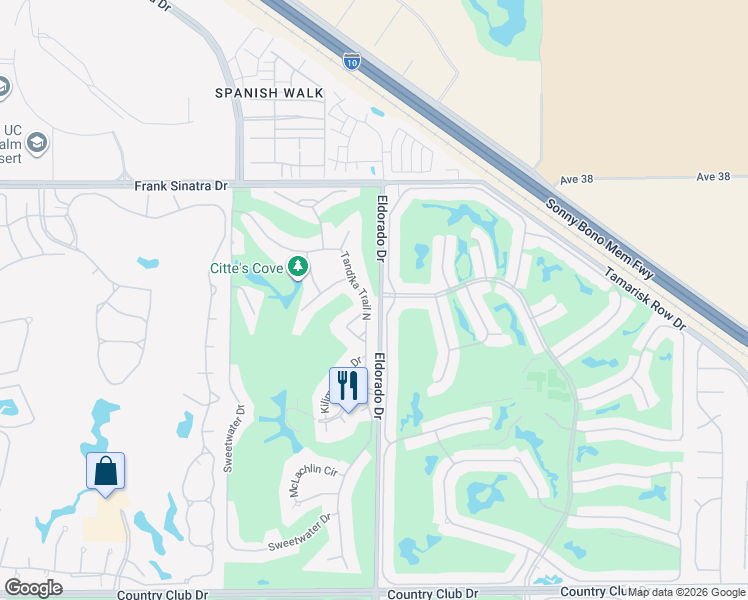 map of restaurants, bars, coffee shops, grocery stores, and more near 38560 Tandika Trail North in Palm Desert