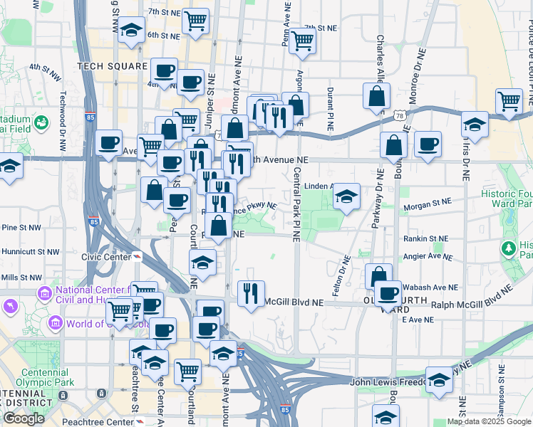 map of restaurants, bars, coffee shops, grocery stores, and more near 10 Gilbert Trail Northeast in Atlanta