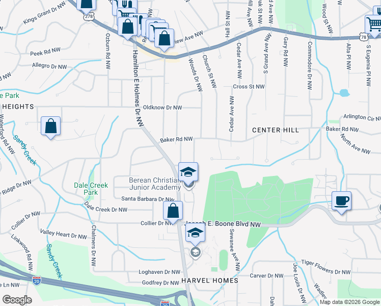 map of restaurants, bars, coffee shops, grocery stores, and more near 494 Woods Dr NW in Atlanta