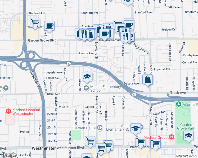 map of restaurants, bars, coffee shops, grocery stores, and more near 8515 Edgebrook Drive in Garden Grove