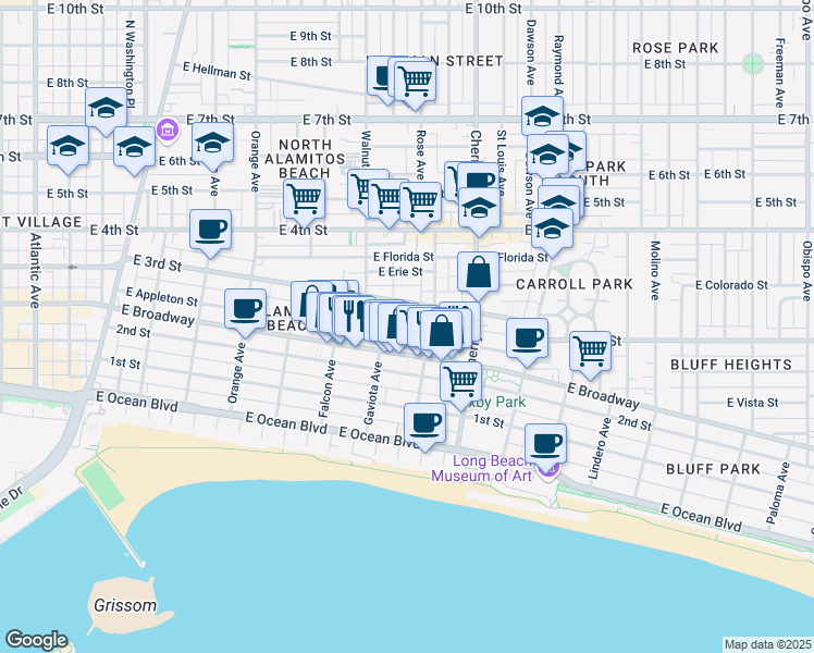map of restaurants, bars, coffee shops, grocery stores, and more near 1765 East Broadway in Long Beach