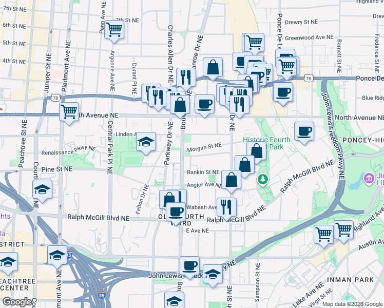map of restaurants, bars, coffee shops, grocery stores, and more near 513 Winton Terrace Northeast in Atlanta