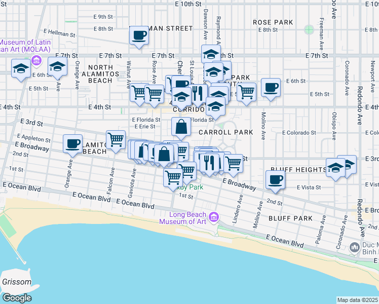 map of restaurants, bars, coffee shops, grocery stores, and more near 2027 East Appleton Street in Long Beach