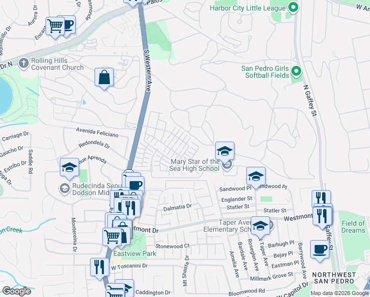 map of restaurants, bars, coffee shops, grocery stores, and more near 27628 Evergreen Place in Los Angeles