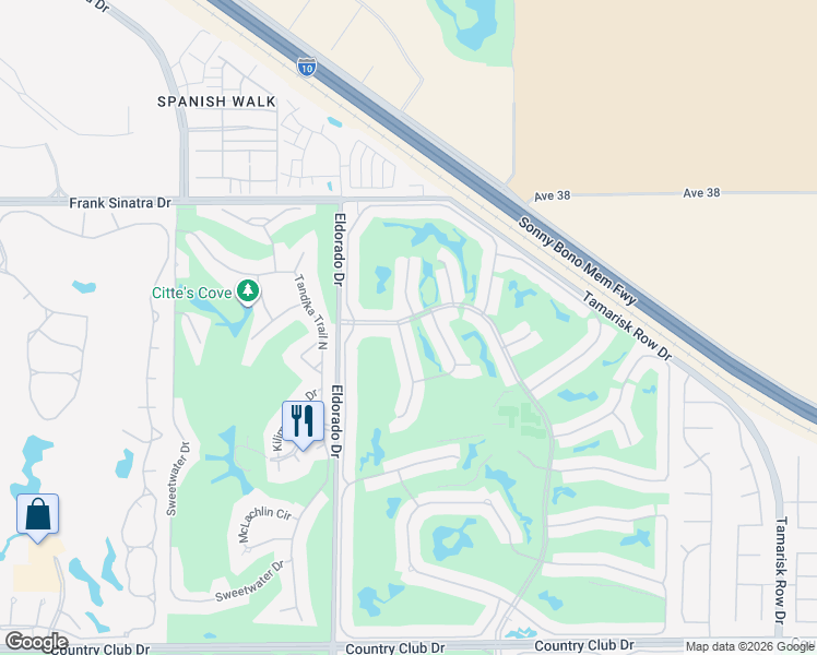 map of restaurants, bars, coffee shops, grocery stores, and more near 38628 Lobelia Circle in Palm Desert