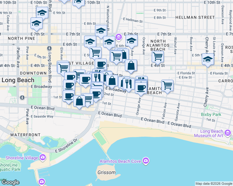 map of restaurants, bars, coffee shops, grocery stores, and more near in Long Beach