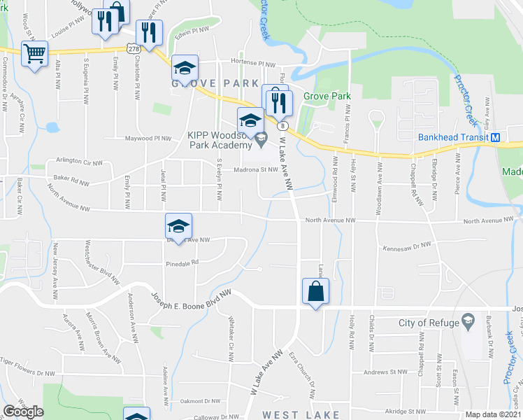 map of restaurants, bars, coffee shops, grocery stores, and more near 1695 North Avenue Northwest in Atlanta