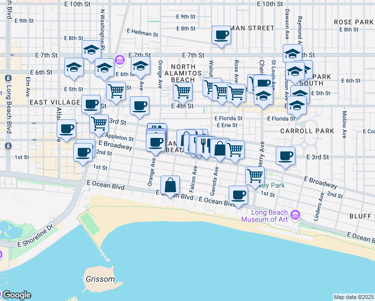 map of restaurants, bars, coffee shops, grocery stores, and more near 1404 East Appleton Street in Long Beach