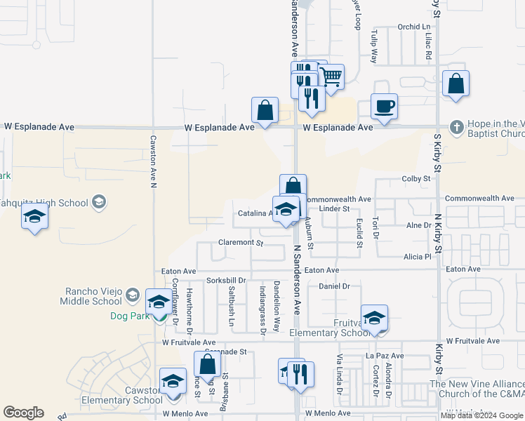 map of restaurants, bars, coffee shops, grocery stores, and more near 3494 Catalina Avenue in Hemet