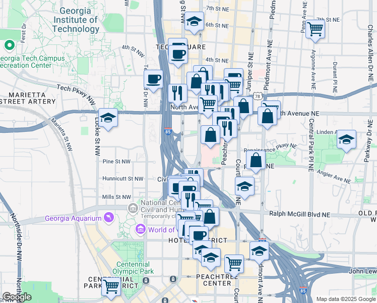 map of restaurants, bars, coffee shops, grocery stores, and more near 1 Baltimore Place Northwest in Atlanta