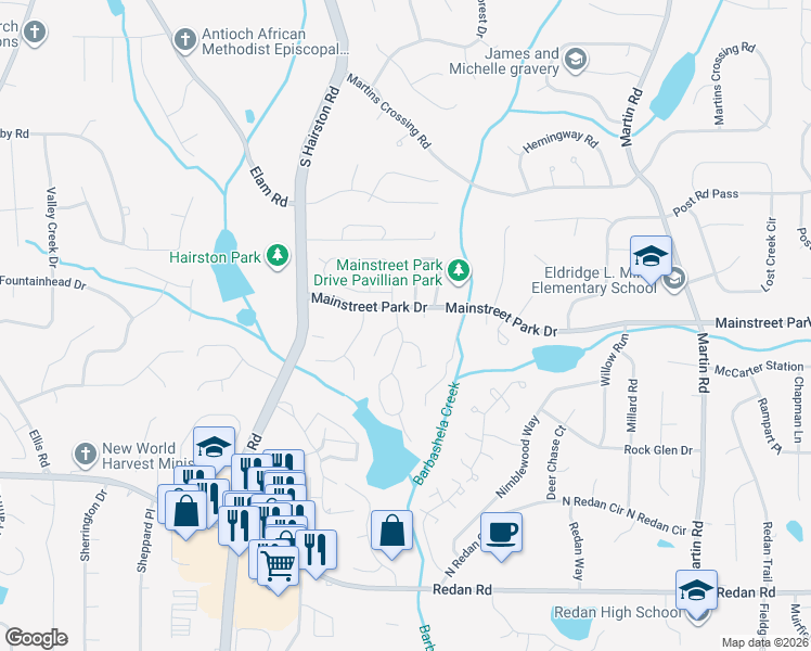 map of restaurants, bars, coffee shops, grocery stores, and more near 915 Mainstreet Lake Drive in Stone Mountain