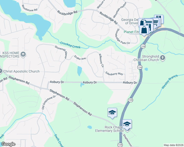 map of restaurants, bars, coffee shops, grocery stores, and more near 7400 Asbury Drive in Lithonia