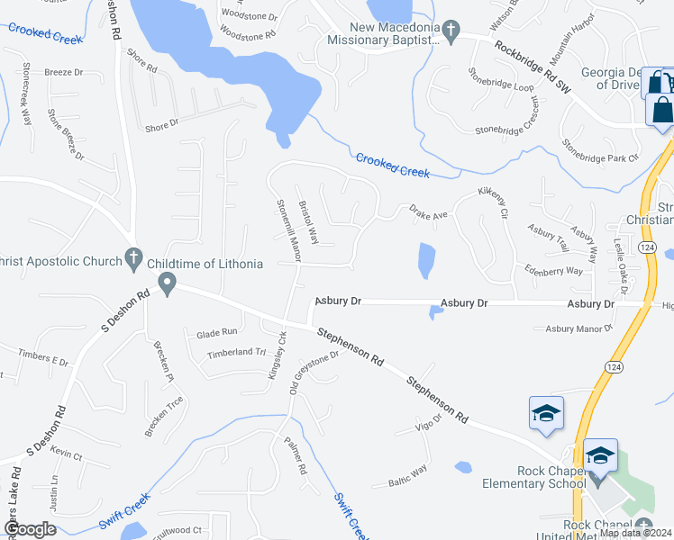 map of restaurants, bars, coffee shops, grocery stores, and more near 505 Stonemill Manor in Lithonia