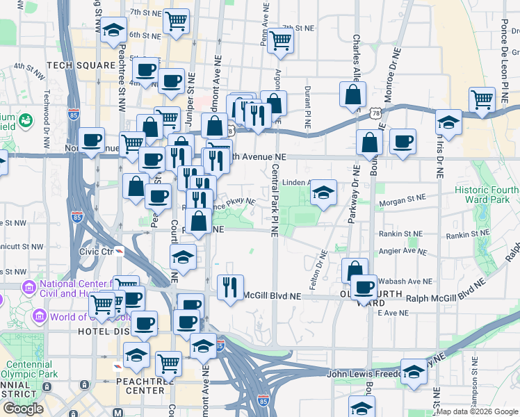 map of restaurants, bars, coffee shops, grocery stores, and more near 10 Gilbert Trail Northeast in Atlanta