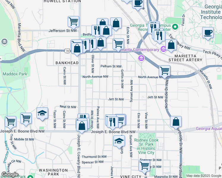map of restaurants, bars, coffee shops, grocery stores, and more near 510 James P Brawley Drive Northwest in Atlanta