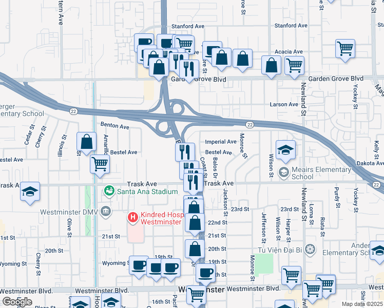 map of restaurants, bars, coffee shops, grocery stores, and more near 13353 Beach Terrace Drive in Garden Grove