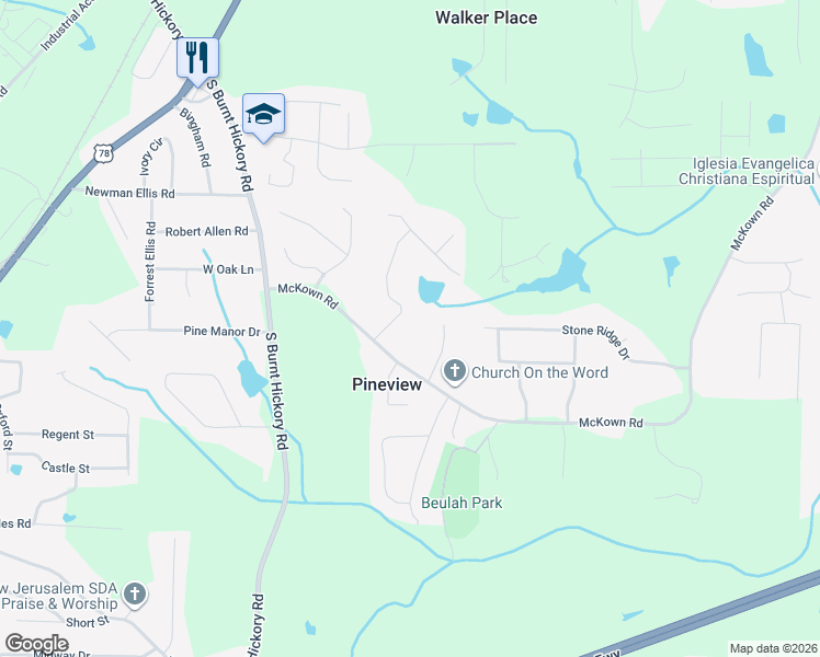 map of restaurants, bars, coffee shops, grocery stores, and more near 1340 Windsor Glen Drive in Douglasville