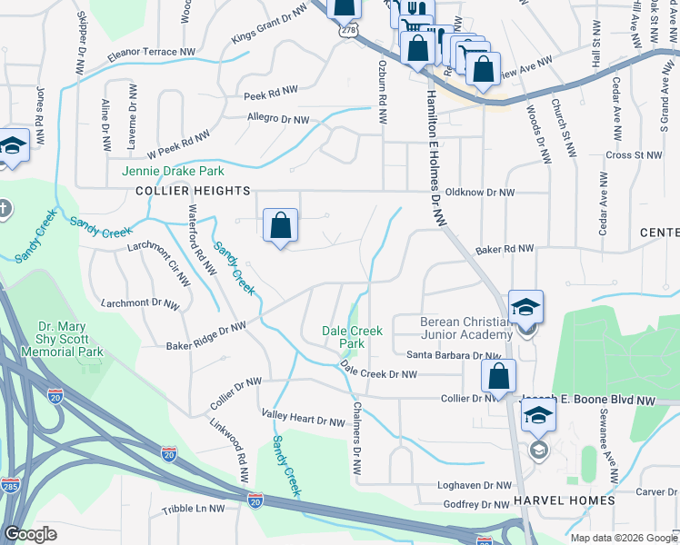 map of restaurants, bars, coffee shops, grocery stores, and more near 462 Forrest Ridge Drive Northwest in Atlanta