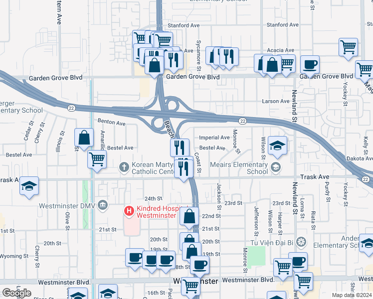 map of restaurants, bars, coffee shops, grocery stores, and more near 13353 Beach Terrace Drive in Garden Grove