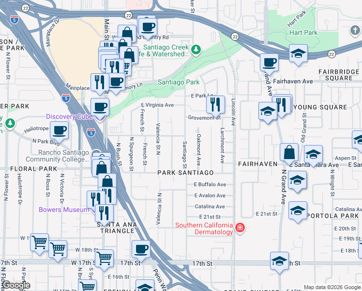 map of restaurants, bars, coffee shops, grocery stores, and more near 2335 Poinsettia Street North in Santa Ana