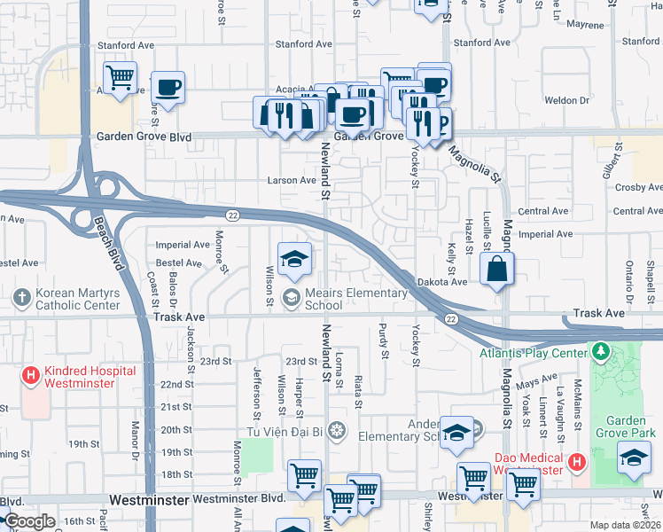 map of restaurants, bars, coffee shops, grocery stores, and more near 13392 Newland Street in Garden Grove