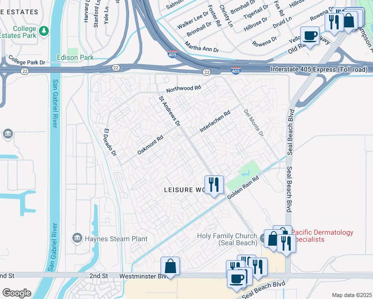 map of restaurants, bars, coffee shops, grocery stores, and more near 1501 Pelham Road in Seal Beach