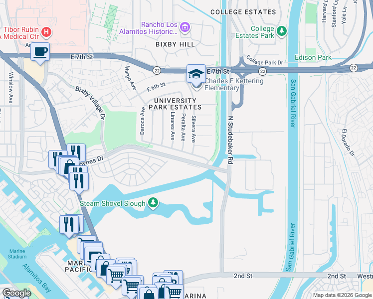 map of restaurants, bars, coffee shops, grocery stores, and more near 6264 East Vista Street in Long Beach