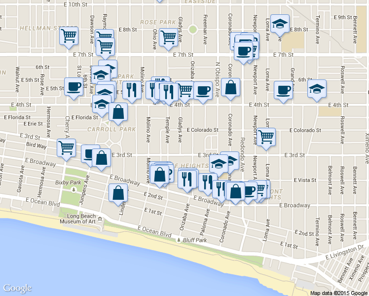 map of restaurants, bars, coffee shops, grocery stores, and more near in Long Beach