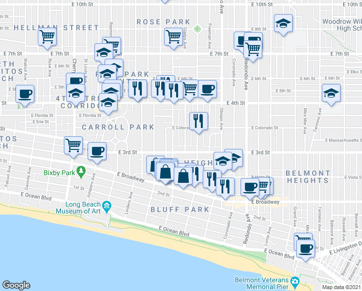 map of restaurants, bars, coffee shops, grocery stores, and more near in Long Beach