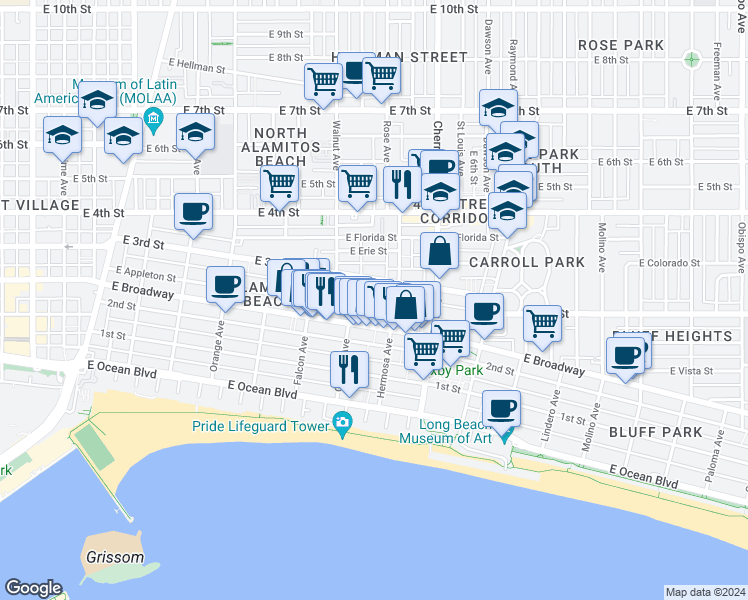 map of restaurants, bars, coffee shops, grocery stores, and more near 1765 East Broadway in Long Beach