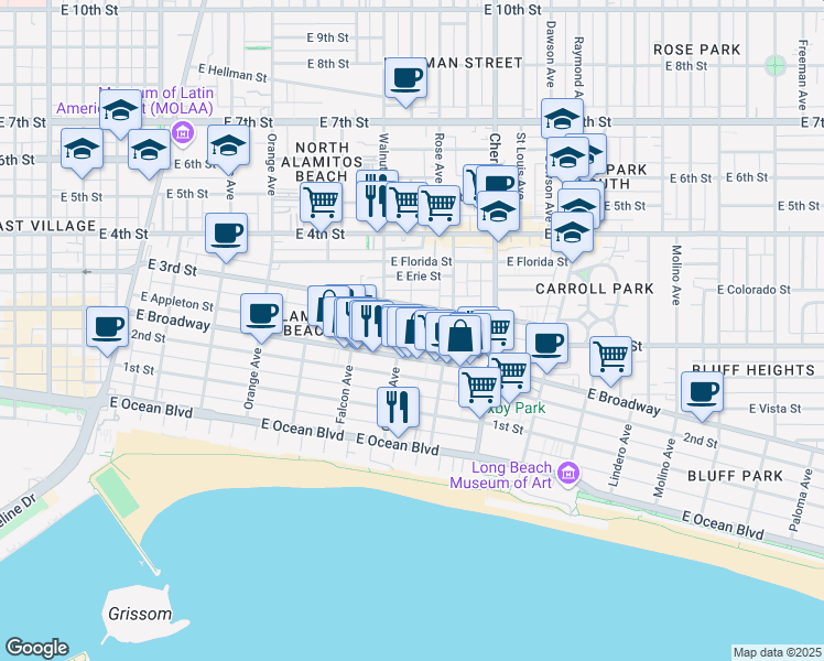 map of restaurants, bars, coffee shops, grocery stores, and more near 1629 East Broadway in Long Beach