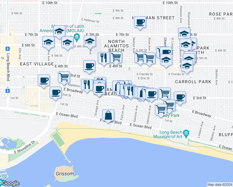 map of restaurants, bars, coffee shops, grocery stores, and more near 1320 East Broadway in Long Beach